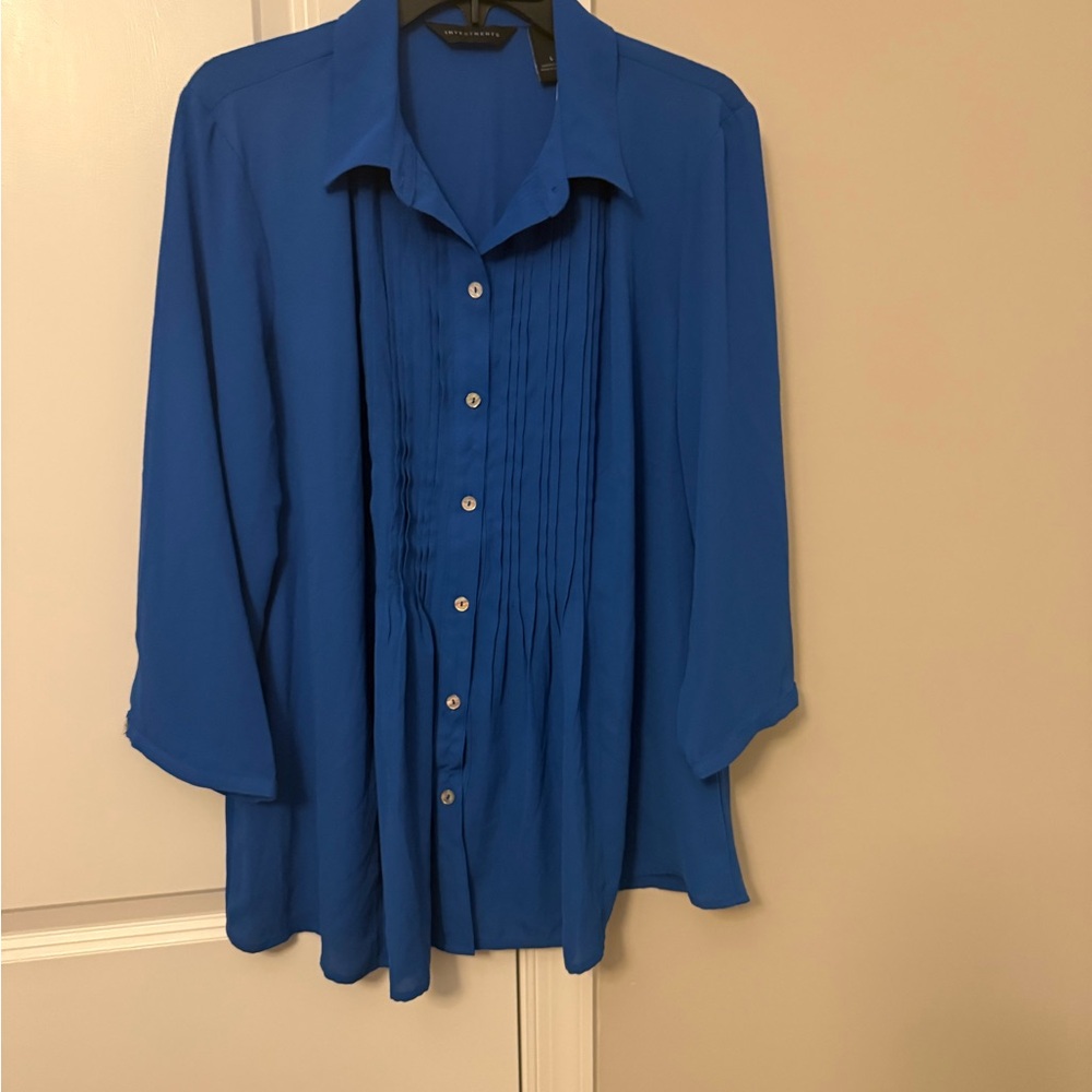 Investments Royal Blue Pleated Front Button-Up Blouse
